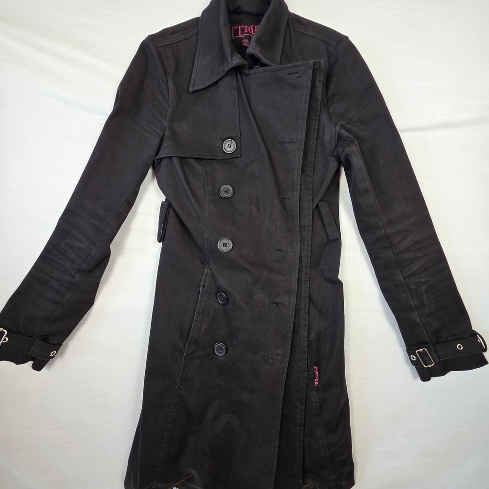 Tripp NYC Trench Coat Womens Small Black Corset Lace Up Goth Punk Vintage Pink - Picture 3 of 16